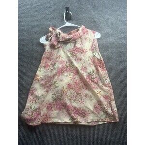 Floral Sleeveless Top with Bow Detail Soft Light Beige with Pink Size small